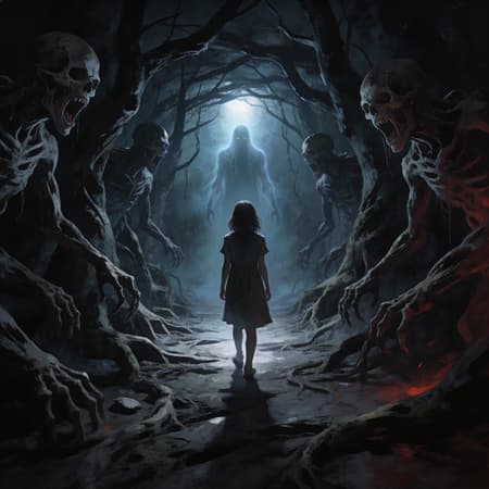 A frightened young girl in a simple dress, seen from behind, stands at the center of a dark, ominous tunnel formed by gnarled, skeletal tree-like creatures with screaming skull faces. The creatures loom on both sides and at the end of the tunnel. A faint, ghostly light emanates from the distance, illuminating the girl and the monstrous forms. The art style is dark fantasy, highly textured digital painting with a gritty, painterly feel. The lighting is dim and atmospheric, with a strong central light source creating a haunting mood. Dark, desaturated blues, grays, and blacks dominate the color palette, with subtle hints of red in the shadows. The atmosphere is terrifying and surreal.