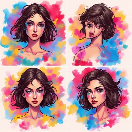 Watercolor depictions of a woman with high-contrast realism, infused with vibrant chaos and elongated proportions, showcasing stylized elegance and ethereal allure.