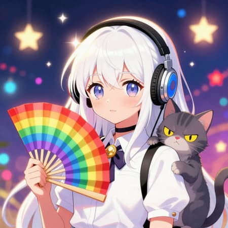 Anime Girl With Rainbow Fan And Grumpy Cat Anime-style illustration of a white-haired girl with big, detailed eyes, wearing headphones and a white collared shirt with a gold brooch. She holds a vibrant rainbow-colored fan. A grumpy-looking cat with yellow eyes is beside her. The background is a dazzling, colorful bokeh of stars and lights in blues, purples, and reds, creating a festive and magical mood. Strong rim lighting illuminates her hair and headphones, with bright lens flares. The overall color palette is warm and bright, with a subtle grainy texture. Full body shot, vibrant colors, intricate details.