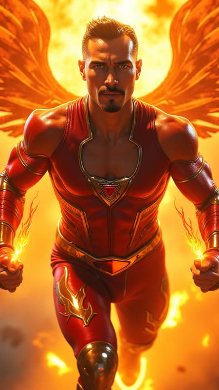 Dramatic superhero portrait, photorealistic male fashion model, dynamic action pose in mid-flight, cinematic lighting, volumetric fire effects. Athletic French Caucasian man, 6'2", lithe muscular physique like a gymnast. Chiseled facial features, high cheekbones, strong angular jawline, pronounced brow. Striking pale ice-blue eyes beneath ruby-red solar shield visor with metallic finish. Styled noir-black hair, undercut fade sides, longer textured top swept back dramatically. Precise black chevron mustache, clean-shaven face, flawless complexion. Wearing form-fitting spandex costume: crimson red compression shirt with deep v-neck to navel, strategic side cutouts revealing obliques, sleeveless to showcase defined arms. Metallic gold geometric hawk emblem emblazoned across pectorals, high-detail rendering. Armored red gauntlets with raised gold flame patterns, energy emanating from palms. Metallic crimson utility belt with angular v-design, tech details. Marigold gold compression tights with arterial flame patterns ascending from knees, high-gloss finish. Crimson metallic boots to knees, gold flame accents, armored appearance. Massive fiery hawk-shaped aura surrounds figure, particle effects, heat distortion. Dual flame streams spiraling from hands, volumetric lighting. Hero shot composition, low angle view, dramatic backlighting, lens flares, smoke effects. Style: hyper-detailed digital art, 8k resolution, octane render, dynamic motion blur, rim lighting, atmospheric perspective. Dramatic superhero portrait, photorealistic male fashion model, dynamic action pose in mid-flight, cinematic lighting, volumetric fire effects. Athletic French Caucasian man, 6'2", lithe muscular physique like a gymnast. Chiseled facial features, high cheekbones, strong angular jawline, pronounced brow. Striking pale ice-blue eyes beneath ruby-red solar shield visor with metallic finish. Styled noir-black hair, undercut fade sides, longer textured top swept back dramatically. Precise black chevron mustache, clean-shaven face, flawless complexion. Wearing form-fitting spandex costume: crimson red compression shirt with deep v-neck to navel, strategic side cutouts revealing obliques, sleeveless to showcase defined arms. Metallic gold geometric hawk emblem emblazoned across pectorals, high-detail rendering. Armored red gauntlets with raised gold flame patterns, energy emanating from palms. Metallic crimson utility belt with angular v-design, tech details. Marigold gold compression tights with arterial flame patterns ascending from knees, high-gloss finish. Crimson metallic boots to knees, gold flame accents, armored appearance. Massive fiery hawk-shaped aura surrounds figure, particle effects, heat distortion. Dual flame streams spiraling from hands, volumetric lighting. Hero shot composition, low angle view, dramatic backlighting, lens flares, smoke effects. Style: hyper-detailed digital art, 8k resolution, octane render, dynamic motion blur, rim lighting, atmospheric perspective.