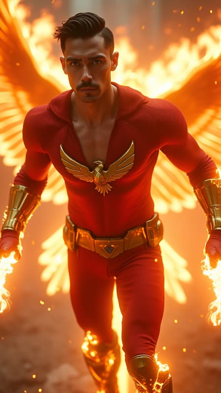 Dramatic superhero portrait, photorealistic male fashion model, dynamic action pose in mid-flight, cinematic lighting, volumetric fire effects. Athletic French Caucasian man, 6'2", lithe muscular physique like a gymnast. Chiseled facial features, high cheekbones, strong angular jawline, pronounced brow. Striking pale ice-blue eyes beneath ruby-red solar shield visor with metallic finish. Styled noir-black hair, undercut fade sides, longer textured top swept back dramatically. Precise black chevron mustache, clean-shaven face, flawless complexion. Wearing form-fitting spandex costume: crimson red compression shirt with deep v-neck to navel, strategic side cutouts revealing obliques, sleeveless to showcase defined arms. Metallic gold geometric hawk emblem emblazoned across pectorals, high-detail rendering. Armored red gauntlets with raised gold flame patterns, energy emanating from palms. Metallic crimson utility belt with angular v-design, tech details. Marigold gold compression tights with arterial flame patterns ascending from knees, high-gloss finish. Crimson metallic boots to knees, gold flame accents, armored appearance. Massive fiery hawk-shaped aura surrounds figure, particle effects, heat distortion. Dual flame streams spiraling from hands, volumetric lighting. Hero shot composition, low angle view, dramatic backlighting, lens flares, smoke effects. Style: hyper-detailed digital art, 8k resolution, octane render, dynamic motion blur, rim lighting, atmospheric perspective. Dramatic superhero portrait, photorealistic male fashion model, dynamic action pose in mid-flight, cinematic lighting, volumetric fire effects. Athletic French Caucasian man, 6'2", lithe muscular physique like a gymnast. Chiseled facial features, high cheekbones, strong angular jawline, pronounced brow. Striking pale ice-blue eyes beneath ruby-red solar shield visor with metallic finish. Styled noir-black hair, undercut fade sides, longer textured top swept back dramatically. Precise black chevron mustache, clean-shaven face, flawless complexion. Wearing form-fitting spandex costume: crimson red compression shirt with deep v-neck to navel, strategic side cutouts revealing obliques, sleeveless to showcase defined arms. Metallic gold geometric hawk emblem emblazoned across pectorals, high-detail rendering. Armored red gauntlets with raised gold flame patterns, energy emanating from palms. Metallic crimson utility belt with angular v-design, tech details. Marigold gold compression tights with arterial flame patterns ascending from knees, high-gloss finish. Crimson metallic boots to knees, gold flame accents, armored appearance. Massive fiery hawk-shaped aura surrounds figure, particle effects, heat distortion. Dual flame streams spiraling from hands, volumetric lighting. Hero shot composition, low angle view, dramatic backlighting, lens flares, smoke effects. Style: hyper-detailed digital art, 8k resolution, octane render, dynamic motion blur, rim lighting, atmospheric perspective.