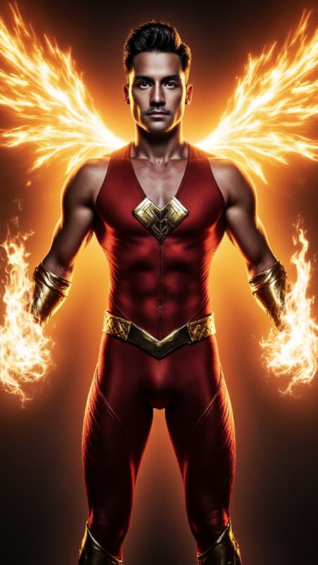 Dramatic superhero portrait, photorealistic male fashion model, dynamic action pose in mid-flight, cinematic lighting, volumetric fire effects. Athletic French Caucasian man, 6'2", lithe muscular physique like a gymnast. Chiseled facial features, high cheekbones, strong angular jawline, pronounced brow. Striking pale ice-blue eyes beneath ruby-red solar shield visor with metallic finish. Styled noir-black hair, undercut fade sides, longer textured top swept back dramatically. Precise black chevron mustache, clean-shaven face, flawless complexion. Wearing form-fitting spandex costume: crimson red compression shirt with deep v-neck to navel, strategic side cutouts revealing obliques, sleeveless to showcase defined arms. Metallic gold geometric hawk emblem emblazoned across pectorals, high-detail rendering. Armored red gauntlets with raised gold flame patterns, energy emanating from palms. Metallic crimson utility belt with angular v-design, tech details. Marigold gold compression tights with arterial flame patterns ascending from knees, high-gloss finish. Crimson metallic boots to knees, gold flame accents, armored appearance. Massive fiery hawk-shaped aura surrounds figure, particle effects, heat distortion. Dual flame streams spiraling from hands, volumetric lighting. Hero shot composition, low angle view, dramatic backlighting, lens flares, smoke effects. Style: hyper-detailed digital art, 8k resolution, octane render, dynamic motion blur, rim lighting, atmospheric perspective. Dramatic superhero portrait, photorealistic male fashion model, dynamic action pose in mid-flight, cinematic lighting, volumetric fire effects. Athletic French Caucasian man, 6'2", lithe muscular physique like a gymnast. Chiseled facial features, high cheekbones, strong angular jawline, pronounced brow. Striking pale ice-blue eyes beneath ruby-red solar shield visor with metallic finish. Styled noir-black hair, undercut fade sides, longer textured top swept back dramatically. Precise black chevron mustache, clean-shaven face, flawless complexion. Wearing form-fitting spandex costume: crimson red compression shirt with deep v-neck to navel, strategic side cutouts revealing obliques, sleeveless to showcase defined arms. Metallic gold geometric hawk emblem emblazoned across pectorals, high-detail rendering. Armored red gauntlets with raised gold flame patterns, energy emanating from palms. Metallic crimson utility belt with angular v-design, tech details. Marigold gold compression tights with arterial flame patterns ascending from knees, high-gloss finish. Crimson metallic boots to knees, gold flame accents, armored appearance. Massive fiery hawk-shaped aura surrounds figure, particle effects, heat distortion. Dual flame streams spiraling from hands, volumetric lighting. Hero shot composition, low angle view, dramatic backlighting, lens flares, smoke effects. Style: hyper-detailed digital art, 8k resolution, octane render, dynamic motion blur, rim lighting, atmospheric perspective.
