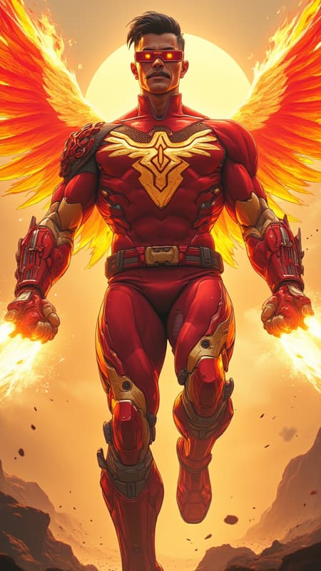 Dramatic superhero portrait, photorealistic male fashion model, dynamic action pose in mid-flight, cinematic lighting, volumetric fire effects. Athletic French Caucasian man, 6'2", lithe muscular physique like a gymnast. Chiseled facial features, high cheekbones, strong angular jawline, pronounced brow. Striking pale ice-blue eyes beneath ruby-red solar shield visor with metallic finish. Styled noir-black hair, undercut fade sides, longer textured top swept back dramatically. Precise black chevron mustache, clean-shaven face, flawless complexion. Wearing form-fitting spandex costume: crimson red compression shirt with deep v-neck to navel, strategic side cutouts revealing obliques, sleeveless to showcase defined arms. Metallic gold geometric hawk emblem emblazoned across pectorals, high-detail rendering. Armored red gauntlets with raised gold flame patterns, energy emanating from palms. Metallic crimson utility belt with angular v-design, tech details. Marigold gold compression tights with arterial flame patterns ascending from knees, high-gloss finish. Crimson metallic boots to knees, gold flame accents, armored appearance. Massive fiery hawk-shaped aura surrounds figure, particle effects, heat distortion. Dual flame streams spiraling from hands, volumetric lighting. Hero shot composition, low angle view, dramatic backlighting, lens flares, smoke effects. Style: hyper-detailed digital art, 8k resolution, octane render, dynamic motion blur, rim lighting, atmospheric perspective. Dramatic superhero portrait, photorealistic male fashion model, dynamic action pose in mid-flight, cinematic lighting, volumetric fire effects. Athletic French Caucasian man, 6'2", lithe muscular physique like a gymnast. Chiseled facial features, high cheekbones, strong angular jawline, pronounced brow. Striking pale ice-blue eyes beneath ruby-red solar shield visor with metallic finish. Styled noir-black hair, undercut fade sides, longer textured top swept back dramatically. Precise black chevron mustache, clean-shaven face, flawless complexion. Wearing form-fitting spandex costume: crimson red compression shirt with deep v-neck to navel, strategic side cutouts revealing obliques, sleeveless to showcase defined arms. Metallic gold geometric hawk emblem emblazoned across pectorals, high-detail rendering. Armored red gauntlets with raised gold flame patterns, energy emanating from palms. Metallic crimson utility belt with angular v-design, tech details. Marigold gold compression tights with arterial flame patterns ascending from knees, high-gloss finish. Crimson metallic boots to knees, gold flame accents, armored appearance. Massive fiery hawk-shaped aura surrounds figure, particle effects, heat distortion. Dual flame streams spiraling from hands, volumetric lighting. Hero shot composition, low angle view, dramatic backlighting, lens flares, smoke effects. Style: hyper-detailed digital art, 8k resolution, octane render, dynamic motion blur, rim lighting, atmospheric perspective.