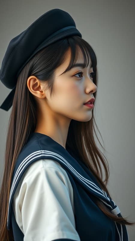 Side profile image of an attractive young Japanese woman, portrayed as a college student, wearing a traditional school uniform complemented by a sailor cap, featuring her natural beauty without makeup. The scene is rich in detail and showcases elegant intricacies, with photometric and symmetric lighting enhancing the composition. Captured in ultra high resolution, the picture emphasizes best quality aspects while excluding inappropriate features.