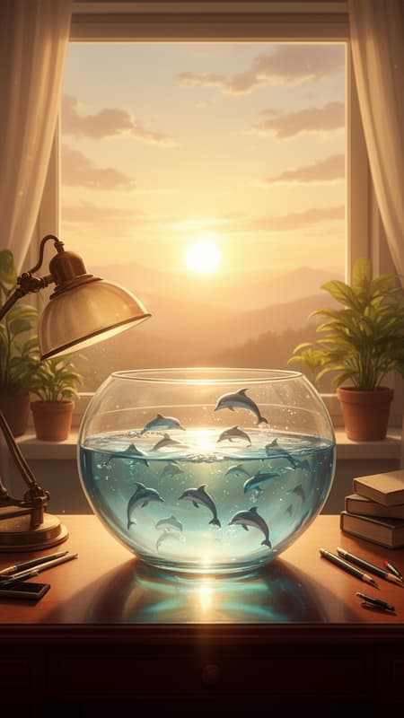 Anime style, cozy, warm aesthetic. A large, clear glass bowl with water and small jumping dolphins on a wooden desk, bathed in golden hour sunlight. The bowl is the central focus. In the background, a large window reveals a serene sunset with a bright sun, soft clouds, and distant mountains. Potted plants flank the window. To the left, an old-fashioned desk lamp. The desk itself is polished wood, holding books, pens, and pencils. The lighting is soft and warm, creating a peaceful and nostalgic mood. Golden and amber hues dominate, with splashes of blue and green from the water and plants. Detailed reflections and refractions in the glass and water.