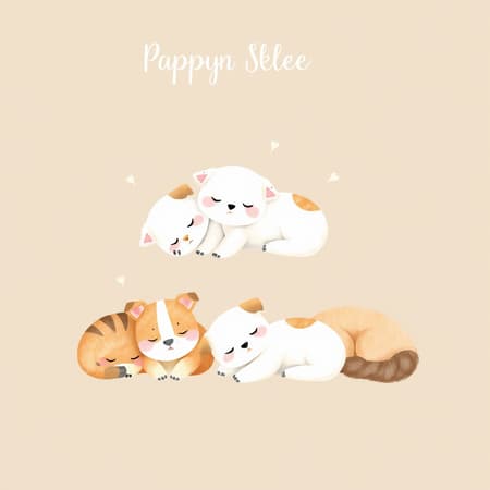 Playful UI illustration featuring adorable pets in various sleeping poses, evoking relaxation and mindfulness with a watercolor touch. Pastel and khaki tones create a soothing background, highlighting the serene atmosphere.
