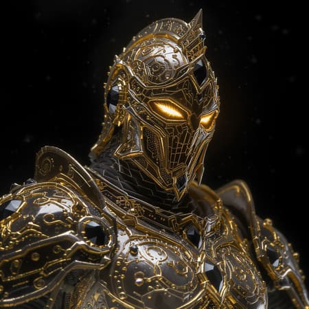 Celestial armor woven with threads of divine gold, shimmering with the radiance of righteousness, stands as a bulwark against the encroaching shadows of malevolence. It gleams with the brilliance of black diamonds, each gem a testament to the eternal struggle between light and darkness, revealing the eternal dance between good and evil in its facets.