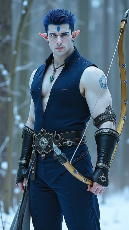 Faerie and Fantasy, The Dreaming. Elf. Moon Elf, pale white elf. Hypermasculine mature adult male. Short, stocky, wide shouldered, broad chested, narrow waist, sinewy, well defined. Strong, muscular. Pale white skin the color of snow, dusted in glittery moondust. Short length dark indigo-blue hair, short on sides and spiky on top. {{{SHORT HAIR, INDIGO BLUE HAIR}}}. Sparkling silver eyes, playful and cheery. Handsome rugged masculine face, strong brow and chin, cleft in chin. Indigo-Blue soul-patch on face below bottom lip. Sharp Elf ears. His skin is dusted in silvery glitter. Silver talisman with crystal quartz pendant around his neck. Navy blue sleeveless shirt unbuttoned to navel, revealing his chest. Silver arm bands above his biceps, silver earring in left ear, along with silver ear cuffs. Black leather fingerless gloves, black leather bracers on arms. Black leather belt around waist, silver and sapphire belt buckle. Navy blue rangers pants/tights, form fitting and smooth over powerful legs and bulge in groin. Soft gray boots, knee-high and slouchy/supple bucket boots. He holds a golden magical bow. He has a soft, silvery aura under moonlight, signifying elven magic. Full body pose, he is the archer, the Dream Archer. Faerie and Fantasy, The Dreaming. Elf. Moon Elf, pale white elf. Hypermasculine mature adult male. Short, stocky, wide shouldered, broad chested, narrow waist, sinewy, well defined. Strong, muscular. Pale white skin the color of snow, dusted in glittery moondust. Short length dark indigo-blue hair, short on sides and spiky on top. {{{SHORT HAIR, INDIGO BLUE HAIR}}}. Sparkling silver eyes, playful and cheery. Handsome rugged masculine face, strong brow and chin, cleft in chin. Indigo-Blue soul-patch on face below bottom lip. Sharp Elf ears. His skin is dusted in silvery glitter. Silver talisman with crystal quartz pendant around his neck. Navy blue sleeveless shirt unbuttoned to navel, revealing his chest. Silver arm bands above his biceps, silver earring in left ear, along with silver ear cuffs. Black leather fingerless gloves, black leather bracers on arms. Black leather belt around waist, silver and sapphire belt buckle. Navy blue rangers pants/tights, form fitting and smooth over powerful legs and bulge in groin. Soft gray boots, knee-high and slouchy/supple bucket boots. He holds a golden magical bow. He has a soft, silvery aura under moonlight, signifying elven magic. Full body pose, he is the archer, the Dream Archer.