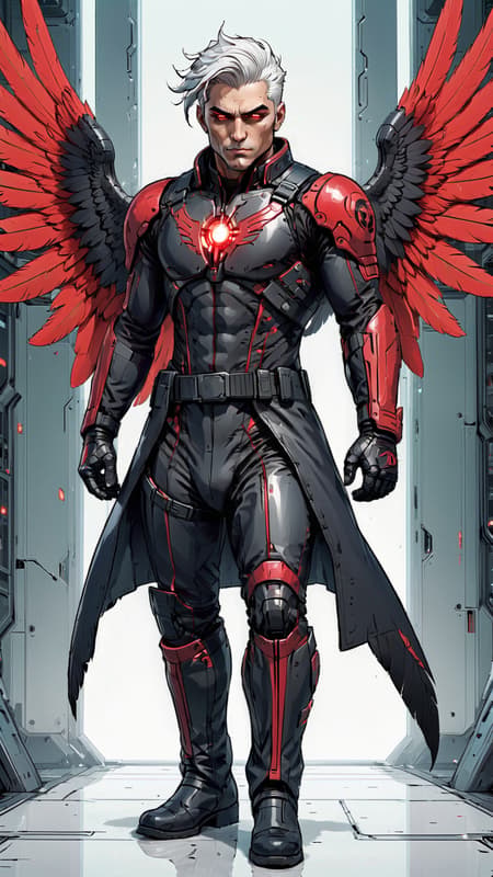 Sci-Fi, futuristic dysopia. Death Angel, futuristic assassin with futuristic tech.  Hypermasculine male. Very tall (6 ft 8), muscular, strong, sinewy, Olympic build, weightlifter. Broad chest, narrow waist, strong powerful legs. Pale, chalk-white skin, no color. Short white hair in a spiky fade, hair on top stands up. Handsome but very pale. Strong brow and jaw, thick white eyebrows, glowing red eyes. Intense gaze, threatening. White soul patch on face. Form fitting full black uniform with crimson red patterns on the chest, arms and legs. Uniform is shiny black material, full body coverage. Belt is futuristic tech with glowing red light in the center/buckle. Black gloves, black knee-high  boots with crimson red designs. Angel wings, predominantly black with dark red highlight feathers. Wings and feathers are metallic black and red. Full body pose, flying through lightning. 
