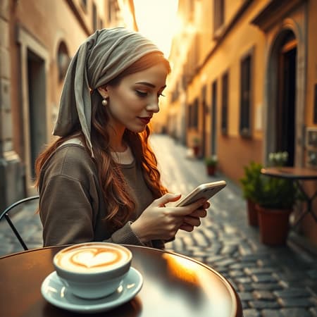 Modern digital photograph of a girl reminiscent of "Girl with a Pearl Earring" style, set in an Italian street scene. She sits at an outdoor café, her gaze fixed on her smartphone. A cappuccino with heart-shaped foam rests on the table beside her. The warm glow of the golden hour casts soft shadows over the rustic cobblestones, capturing a serene blend of Renaissance art and contemporary life.
