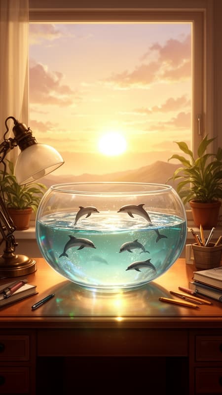 Anime style, cozy, warm aesthetic. A large, clear glass bowl with water and small jumping dolphins on a wooden desk, bathed in golden hour sunlight. The bowl is the central focus. In the background, a large window reveals a serene sunset with a bright sun, soft clouds, and distant mountains. Potted plants flank the window. To the left, an old-fashioned desk lamp. The desk itself is polished wood, holding books, pens, and pencils. The lighting is soft and warm, creating a peaceful and nostalgic mood. Golden and amber hues dominate, with splashes of blue and green from the water and plants. Detailed reflections and refractions in the glass and water.