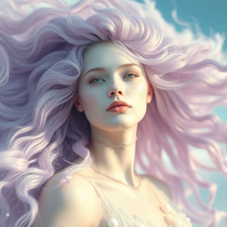 Fantasy sky goddess with flowing cloud-like hair, photorealistic, illuminated by natural light, captured through a macro lens, featuring soft lavender and mint hues, full body portrait, pastel tones, ethereal white skin, depth of field, aspect ratio 1:2, with a high degree of stylization.