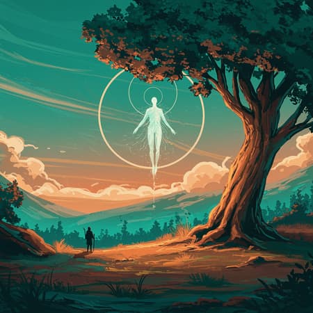 A majestic circle formed by an ethereal figure hovers over an ancient tree in a mesmerizing landscape, painted in vivid hues of teal and bronze. The scene radiates energy, capturing the essence of an awe-inspiring wilderness. This vibrant fantasy world is infused with the spirit of adventure, blending the raw beauty of nature with the dreamlike quality of an unforgettable hike. A surreal masterpiece that evokes the wonder of an otherworldly wilderness, stunningly illustrated like timeless poster art.