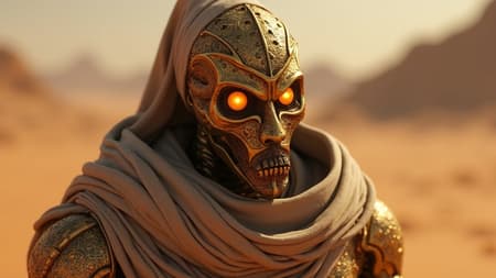 Cyborg mummy with elaborate mechanical features and piercing amber eyes, exuding an ominous aura, enshrouded in ancient bandages, adorned with a radiant golden headdress. Set against a vast desert backdrop, rendered in Unreal Engine 4, showcasing dynamic 3D and dramatic cinematic lighting.
