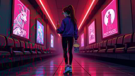 A full body shot of a young woman with brown hair tied in a ponytail, wearing a purple bomber jacket, black leggings, and converse sneakers, holding a soda and a bucket of popcorn, walking through a futuristic or cyberpunk movie theater lobby. Comic book art style with strong black outlines and halftone shading. Dominant red and magenta neon lighting, with accents of cyan and blue, creating a moody, vibrant, and slightly eerie atmosphere. The floor is tiled, reflecting some of the neon light. Movie posters line the walls, illuminated by glowing frames. One poster depicts a goat, another a figure on a moon, and a third, "RIOT POLICE". Long shot, eye-level perspective.