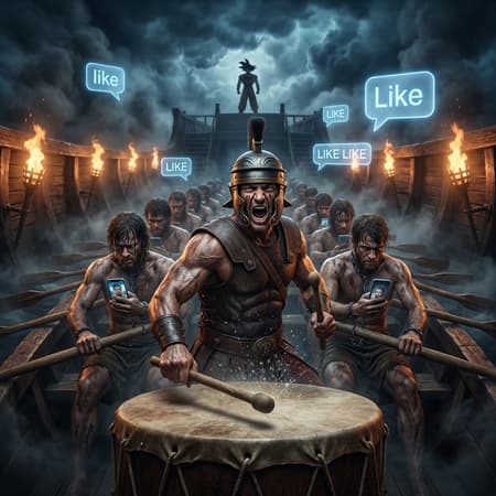 Roman Warrior Drummer With Chained Rowers Photorealistic digital art of a muscular Roman warrior in the foreground, mid-action, beating a drum with a drumstick. He wears leather armor and is screaming, sweat flying off his body. Behind him, rows of shirtless, chained men, also sweating and screaming, are pulling oars. Many hold modern smartphones, reflecting the scene. In the background, torches light the dark, wooden interior of a ship. Above, on a dark deck, a silhouetted figure of Goku from Dragon Ball stands under a dark, stormy sky. Several glowing, light blue speech bubbles float in the air, containing the words "like", "LIKE", and "LIKE LIKE".
The mood is intense, dramatic, and chaotic. Lighting is dramatic with flickering torchlight illuminating the faces of the men, contrasting with the dark background. Colors are muted and earthy, with warm orange from the torches and deep blues/greys from the sky. The atmosphere is oppressive and frenetic.