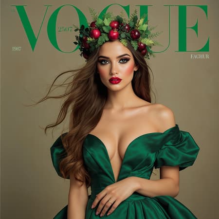 On the cover of a high-end fashion magazine, a stunning young woman with mesmerizing dark eyes stands confidently, dressed in an elegant emerald gown that drapes gracefully to the floor. Her head is adorned with a unique crown intricately crafted from lush green foliage interwoven with vibrant red pomegranates, adding a touch of natural opulence. Her long, flowing hair cascades down her back, highlighting her poised and regal stance as she gazes directly at the viewer, exuding an aura of enchantment and allure.