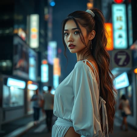 Nighttime urban scene with glowing city lights, a beautiful woman in futuristic fashion, wearing a loose white blouse and flowing white skirt with unique strap designs, her hair adorned with ribbons, detailed full-body portrait in a model photoshoot style, very long and intricate hair, elegant and realistic portrayal, HDR effect with backlit illumination, capturing a luminous and vivid atmosphere, refined facial features and best quality detail in a captivating close-up view.