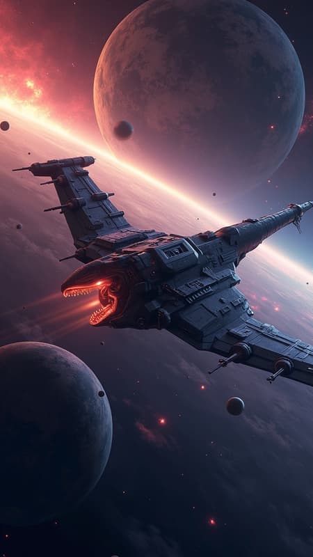 Pterodactyl-inspired space fighter soaring through deep space, featuring intricate textures and high-tech design, reminiscent of homeworld game style; illuminated by the distant glow of surrounding planets, creating a dynamic and cinematic scene. Captured from a god's eye perspective, the illustration showcases dramatic colors with photorealistic quality. The scene is set against a backdrop of vibrant galaxies, offering a super-resolution, HD, 8K view, while maintaining a highly detailed composition. Distant planets add depth, with slight low-res artifacts enhancing its retro sci-fi charm.