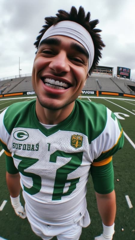 close shot of a man dressed as a football player for the dallas coyboys, wearing GR!LLZ on empty football field, ultra HD, looking at the camera smiling close shot of a man dressed as a football player for the dallas coyboys, wearing GR!LLZ on empty football field, ultra HD, looking at the camera smiling