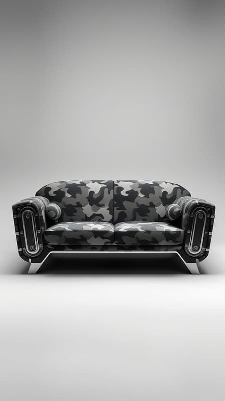 Creative photography, front view, compact couch, innovative design, camouflage pattern with metallic accents, captured using Sony α7R IV, equipped with Sony FE 24-70mm f/2.8 GM lens, set at f/8 for superior sharpness, shutter speed 1/125 to capture motion, ISO 100 for the highest image quality, highlighting every nuance from light patterns to material textures in a professional manner, photo studio with a low hue solid background, high contrast in black and white with highlights, simulating natural sunlight with softbox illumination, sharp, clear, detailed, cinematic, solid backdrop, elegant, UHD --ar 9:16 --style raw --stylize 300.