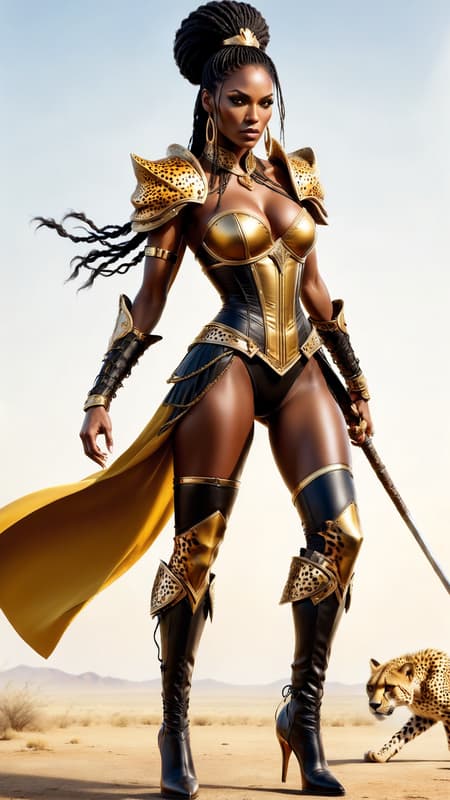 super-hero. female, African woman. Tall, slim but strong and curvy, sinewy. Athletic, warrior, fighter. Beautiful face, high cheekbones, dark brown skin, smooth and luxurious. Large, dark eyes, black and liquid. Long black braids that are usually tied back with a golden cord/hair holder. She wears a golden sandy colored bodysuit, the sides cut out of the legs and arms and laced with golden straps. Around her waist is a metallic gold corset and belt, along with small shoulder guards of the same color. There are metallic gold bracers on her arms and a gold metal circlet around her head. Over her shoulder is a short yellow-gold cape with a cheetah print. Her knee-high boots are also yellow-gold with cheetah print. Her boots have very low heels and are made for running across the Serengeti Plains. She runs as fast as a cheetah. She carries a strong, wooden bo staff as a weapon. She carries herself like the African princess that she is, but she is free spirited. Full body pose, fighting stance with bo staff. super-hero. female, African woman. Tall, slim but strong and curvy, sinewy. Athletic, warrior, fighter. Beautiful face, high cheekbones, dark brown skin, smooth and luxurious. Large, dark eyes, black and liquid. Long black braids that are usually tied back with a golden cord/hair holder. She wears a golden sandy colored bodysuit, the sides cut out of the legs and arms and laced with golden straps. Around her waist is a metallic gold corset and belt, along with small shoulder guards of the same color. There are metallic gold bracers on her arms and a gold metal circlet around her head. Over her shoulder is a short yellow-gold cape with a cheetah print. Her knee-high boots are also yellow-gold with cheetah print. Her boots have very low heels and are made for running across the Serengeti Plains. She runs as fast as a cheetah. She carries a strong, wooden bo staff as a weapon. She carries herself like the African princess that she is, but she is free spirited. Full body pose, fighting stance with bo staff.