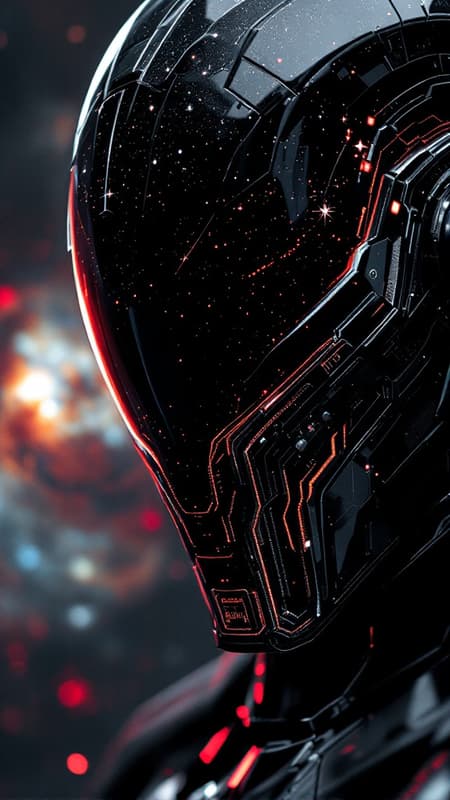 "A hyper-detailed close-up of the Galactic Emperor’s helmet, a sleek, black visor reflecting distant stars and swirling nebulae. The helmet is etched with fine lines of silver circuitry, glowing faintly with crimson light. Inside the visor, the faint outline of glowing red eyes peer out, cold and calculating. The surrounding backdrop is a void of deep space with glowing galaxies in the distance. The color palette is stark—glossy blacks, silver highlights, and faint red glows—with a futuristic, chrome-like art style that feels hyper-realistic and full of cosmic power."