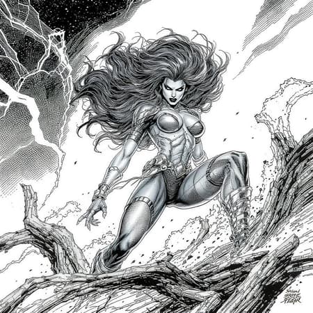 A fierce, powerful female character in the 90s Top Cow comic style, striking a dynamic and energetic pose. The artwork is a stunning inked line art comic book illustration featuring ultra-detailed costume and physique. The scene exudes intense action, with high contrast between light and shadow, showcasing dramatic and intense lighting effects. Her attire is meticulously detailed, reflecting the unique flair of the 90s comic era, with intricate designs and bold elements. The composition captures the essence of high-quality, high-resolution comic book art, embodying the spirit of intense, vividly detailed shadows and lighting that define the iconic 90s style.