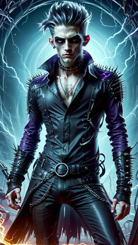 Goth Punk visits Hammer Horror films. Dark, creepy, Goth, sado-masochism. He can turn invisible and follow people around. He also has the ability to enter their minds and scare them to death. He can also siphon off little bits of life force and energy from his victims---most of the time he kills them. 
A young Caucasian man in his 20s, his skin is chalk white, he's becoming more undead as time goes by. He has dark circles around his eyes, but he also wears Goth makeup.  Very tall, thin, lithe but strong, sinewy. Emo style hair, shaved on the sides and back, long on top and falls over one eye-- the top is dyed eggplant purple. Strong brow and jaw, masculine and handsome, though he does have a slight resemblance to Frankenstein's monster--- he takes pride in that. His eyes are grey and intense, like he's staring into your soul. Because he is tall, he has very big hands with long fingers. He wears the latest in Goth fashion: black leather choker collar with spikes,  sheer black see-thru form fitting long sleeved shirt, o-ring black leather harness, black leather bracers with spikes on his arms, dark Violet leather jeans, heavy black leather engineer boots. Full body pose, hanging out in a graveyard or dark Goth Punk club. 