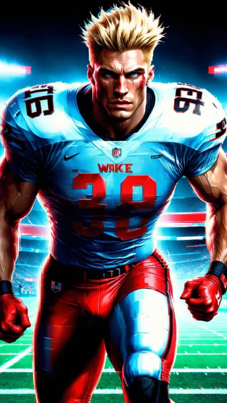 Super-hero, football Player, sports figure, college football. Hypermasculine male, Caucasian white male, young man (about 18 thru 21). Tall, muscular, sinewy, athletic, fit, wide bach and shoulders, broad chest, narrow waist, big thighs and calves. Super fast, can outrun a car, leaves a trail of wind in his wake. Unstoppable, can plow through his opponents on the football field. Handsome, rugged good looks. Light golden blonde very short hair, flat top hairstyle, close on sides and straight spiky on top. Deep set aqua-blue eyes, strong brow and chin, mild soul patch on face. Cleft in chin, cute dimples on face. Black strips under his eyes to reduce glare. Bare chest, shirtless, sweat running down his chest and legs after a hard practice. Black shoulder pads, elbow pads and knee pads on the outside of his body. Bright red (((red))) shiny football shorts stretched over his bulging crotch, revealing strong powerful thighs and legs. Black cleated football shoes. Usually running, a need for speed. Full body pose. 