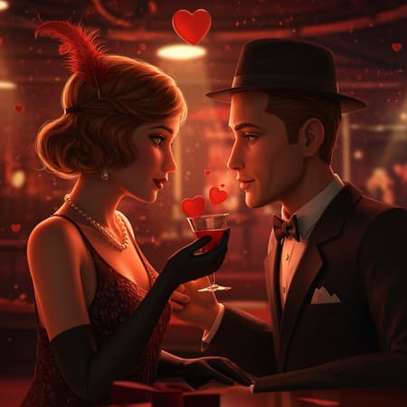 Valentine's Day celebration, set in a 1920s jazz club with a nostalgic vibe, hearts subtly floating amid the ceiling beams. The digital art scene is captured with a background blur and a soft spotlight illuminating the characters' symmetrical faces. Inspired by the charm of James Dean, Audrey Hepburn, Humphrey Bogart, and Marilyn Monroe, depicted in a majestic oil painting style reminiscent of Ed Binkley. The aesthetic intertwines the magical storytelling of Studio Ghibli with the modern influences of Jeremy Mann and Gregory Manchess, paying homage to Antonio Moro. The artwork is trending on ArtStation and CGSociety, featuring intricate, high-detail, photorealistic elements with sharp focus and dramatic lighting. This piece avoids complications of unrealistic anatomy, maintaining an elegant human form while exuding the intensity of romantic celebration through volumetric lighting, creating a sense of deep emotional connection and timeless elegance. Valentine's Day celebration, set in a 1920s jazz club with a nostalgic vibe, hearts subtly floating amid the ceiling beams. The digital art scene is captured with a background blur and a soft spotlight illuminating the characters' symmetrical faces. Inspired by the charm of James Dean, Audrey Hepburn, Humphrey Bogart, and Marilyn Monroe, depicted in a majestic oil painting style reminiscent of Ed Binkley. The aesthetic intertwines the magical storytelling of Studio Ghibli with the modern influences of Jeremy Mann and Gregory Manchess, paying homage to Antonio Moro. The artwork is trending on ArtStation and CGSociety, featuring intricate, high-detail, photorealistic elements with sharp focus and dramatic lighting. This piece avoids complications of unrealistic anatomy, maintaining an elegant human form while exuding the intensity of romantic celebration through volumetric lighting, creating a sense of deep emotional connection and timeless elegance.