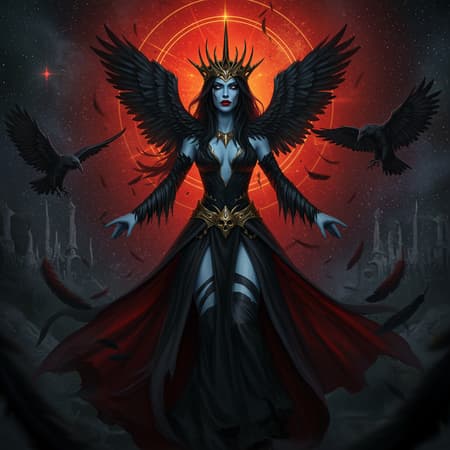 Queen Her Beauty Artwork An intense and captivating queen of ravens, her beauty fierce, enveloped in a golden aurora, exudes bloodlust and command. She stands dramatically in action, a femme fatale commanding the ravens with an air of wanton power. Her black plumes flutter as she moves, her red lipstick bold against her icy blue skin. Her black hair cascades like a raven's wing, eyes the deep hue of Pantone 2766, evoking a World of Warcraft vibe. Psychedelic elements intertwine with the ethereal, her silk gossamer dress flowing like a birth canal. The backdrop of stars and galaxy frames her full body portrait, styled in the manner of Greg Rutkowski. Her ornate crown gleams ethereally, captured from a low angle with god rays streaming down, enhancing the radiant light. An iridescent red halo sets a striking background in this ultra-realistic, detailed environment. The scene is macabre yet mesmerizing, suitable for ArtStation, embodying dark fantasy in atmospheric hyperrealism. This epic wide shot employs ultra-realistic illustration, photorealism, and sharp focus, utilizing octane render for a cinematographic feel.