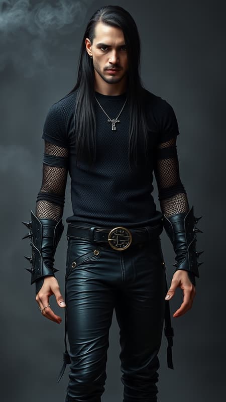 Caucasian male, masculine. Speed Metal/Death Metal fan. Tall, lanky, slender but muscular, sinewy, well defined. Pale skin, dark eyes, dark Goatee on face. Straight, black, long hair, parted down the middle. 3 spiked piercings running down his forehead. Dark Goth make-up around his eyes. He wears a black, long sleeved mesh T-shirt. Black Leather bracers on his arms with barbed wire. Black leather pants. Black leather belt with spikes, heavy black engineer boots. He has infernal ties, so he exudes faint black smoke wherever he goes, and might be smoldering a little. Full body pose. 