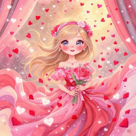 Depiction Day A whimsical depiction of Valentine's Day embodied as a charming girl, with rosy cheeks and a heartwarming smile, adorned in a flowing dress of soft pink and red hues that ripple like gentle waves. Her eyes sparkle like a candy-coated sunrise, and her hair cascades in playful curls resembling woven ribbons. She is surrounded by a delicate shower of rose petals and tiny, glowing hearts that dance in the air around her. Her hands are gently offering a bouquet of blooming roses, each petal detailed with intricate patterns of love symbols. In the background, a serene blend of pastel colors creates an ethereal and dreamy atmosphere, capturing the essence of romance and affection.
