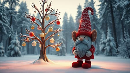 Cgi winter scene featuring a unique New Year tree with intricate, glowing ornaments, accompanied by a whimsical Scandinavian Christmas gnome designed in the style of Kaws, complete with signature crossed eyes and playful details. The scene is set against a gradient winter forest background, utilizing Unreal Engine and Octane render for a realistic and immersive atmosphere. The tree and gnome are adorned with soft, radiant lights casting gentle shadows over the snow-laden ground, creating a magical ambiance that captures the essence of a festive, enchanted woodland.