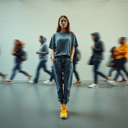 A front-view artistic image capturing the essence of urban hustle with a sharply focused female professional model, standing still amidst a blurred motion of multiple people walking past. The main model wears a grey loose fit T-shirt, denim jogger pants, and bright yellow skateboard shoes. The sub models, dressed in loose fit hoodies, jogger pants, and sneakers, enhance the dynamic scene. Taken with a Sony α9 II and Sony FE 100-400mm f/4.5-5.6 GM OSS lens, the setting is an open, minimalistic space with soft, indirect lighting and a neutral color scheme that highlights the motion blur. A plain wall with subtle texture serves as the backdrop, focusing attention on the contrast of stillness and chaos. Small creative modifications keep the core concept intact, embodying the theme of tranquility amidst the bustling crowd.