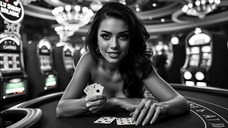 Modelshoot style full body black and white photo of a captivating femme fatale sitting on a blackjack table, adorned with mascara and reflective eyes, perfect makeup, and a cute nose, showcasing her teeth under dramatic chiaroscuro lighting. The scene is set in a glamorous Las Vegas casino, surrounded by slot machines, cards, and glowing lights. Her poised and elegant posture on the blackjack table is enhanced by the play of rim lighting. This image is akin to a professional and majestic impressionist oil painting, reminiscent of works by Waterhouse, John Constable, Ed Blinkey, Atey Ghailan, Jeremy Mann, Greg Manchess, and Antonio Moro. It trends on ArtStation and CGSociety for its intricate high detail. The scene includes tiny playing cards in a refined artistic style. Modelshoot style full body black and white photo of a captivating femme fatale sitting on a blackjack table, adorned with mascara and reflective eyes, perfect makeup, and a cute nose, showcasing her teeth under dramatic chiaroscuro lighting. The scene is set in a glamorous Las Vegas casino, surrounded by slot machines, cards, and glowing lights. Her poised and elegant posture on the blackjack table is enhanced by the play of rim lighting. This image is akin to a professional and majestic impressionist oil painting, reminiscent of works by Waterhouse, John Constable, Ed Blinkey, Atey Ghailan, Jeremy Mann, Greg Manchess, and Antonio Moro. It trends on ArtStation and CGSociety for its intricate high detail. The scene includes tiny playing cards in a refined artistic style.