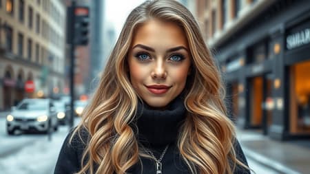 Professional portrait photograph capturing a stunning Norwegian girl adorned in stylish winter attire, her long wavy blonde hair cascading gracefully, exuding a flirty allure with her freckled, beautifully symmetrical face and subtle natural makeup. She stands against a backdrop of a snowy city street, set within a modern, upscale urban environment. The image is ultra-realistic with concept art elements, showcasing an elegant and highly detailed aesthetic. Sharp focus accentuates her features, maintaining depth of field with an f/1.8 aperture using an 85mm lens. The composition is centered in a medium shot, expertly color graded, illuminated by softly diffused, bright light, and embraced by a gentle volumetric fog. Resembling trending imagery on Instagram and Tumblr, this HDR 4k/8k image maintains creative fidelity to the core concept while making slight artistic enhancements.