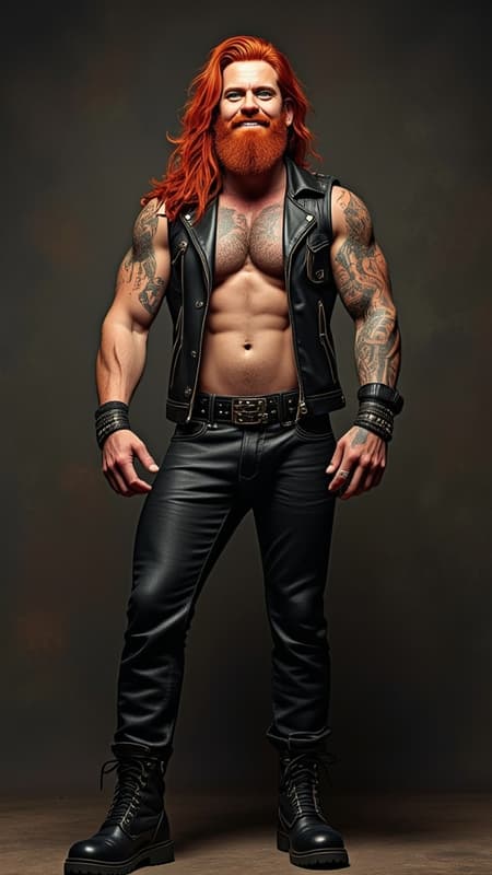  Male motorcycle/biker gang member. Heavy Metal, Hard Rock, motorcycles. Handsome face, thick red goatee, jade green eyes, strong brow and jaw. Masculine, manly, very tall, muscular, sinewy, broad chest, big biceps.  Long wild locks of flaming red hair, slightly hairy chest, tattoos on arms and chest. Black leather vest open and exposing chest. Black leather pants and boots, studded belt around waist. Surly grin. Leaning back, legs open, huge crotch, full body pose. 