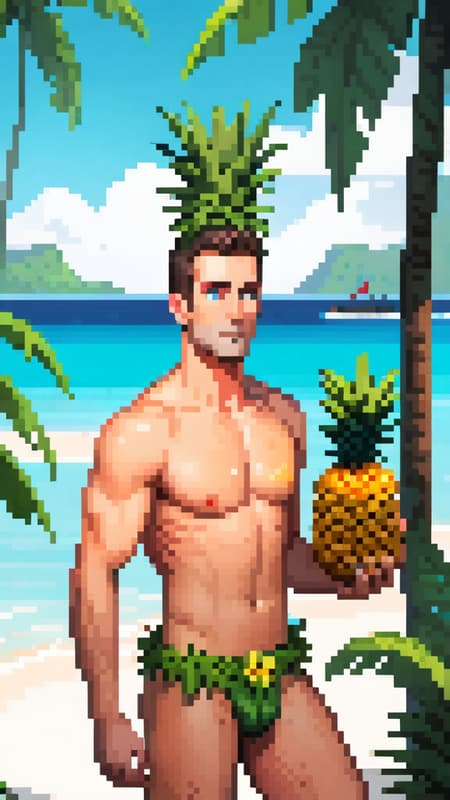  Canadian man naked in tropical island with pineapple in hand