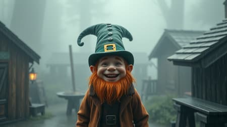 A professional photograph capturing a joyful leprechaun with a well-crafted cap, set in a foggy, rain-soaked environment with a stormy atmosphere. Shot using a 70mm lens, the scene exudes a cinematic quality with intricate and highly detailed wooden elements. The leprechaun stands in sharp focus in a medium shot, enveloped by volumetric fog. The cinematic lighting enhances the mood, creating an HDR 4k image that could easily be mistaken for an 8k rendering, with its lifelike realism and vibrant details.