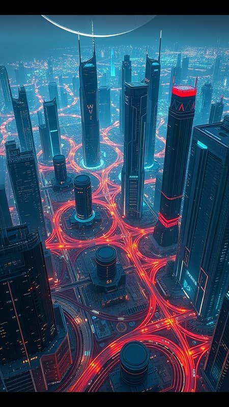 Futuristic cityscape resembling a sprawling computer motherboard, complete with towering skyscrapers shaped like circuit components, glowing data highways weaving through intricate maze-like streets, and shimmering neon lights highlighting the interconnected paths and bustling traffic of digital vehicles navigating this high-tech urban environment.