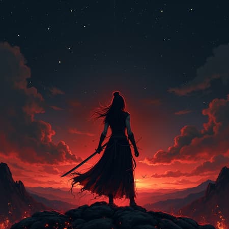 A lone samurai stands poised under the starry night sky, her sword gleaming in the dim light, captured in the unique textures of screen printing. The scene exudes epic fantasy vibes with a comiccore edge, painted in shades of deep black and crimson red. Flames flicker around her, casting an ethereal glow that embodies firecore aesthetics, echoing the haunting allure of Halloween. The vast horizon stretches behind her, offering a dramatic backdrop that heightens the sense of mystique and adventure.