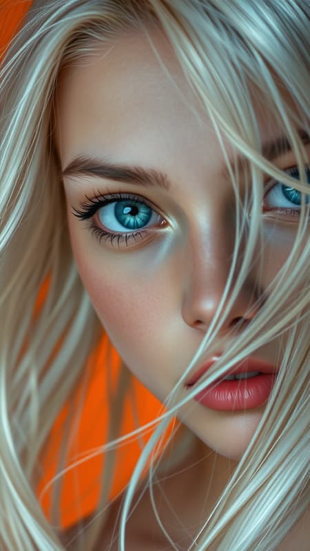 A close-up image of a girl with shimmering white hair flowing gracefully, inspired by the artistic style of Ross Tran. Her eyes are a captivating blend of light teal, contrasting beautifully with a dark orange background. The scene has echoes of Guido van Helten's mural techniques, combining elements of comic art with the depth and detail of realistic marine paintings. The composition feels dynamic, as if captured in an animated gif, bringing the girl's serene yet intense expression to life. The ambiance is both otherworldly and vivid, with subtle creative twists that highlight her ethereal presence. A close-up image of a girl with shimmering white hair flowing gracefully, inspired by the artistic style of Ross Tran. Her eyes are a captivating blend of light teal, contrasting beautifully with a dark orange background. The scene has echoes of Guido van Helten's mural techniques, combining elements of comic art with the depth and detail of realistic marine paintings. The composition feels dynamic, as if captured in an animated gif, bringing the girl's serene yet intense expression to life. The ambiance is both otherworldly and vivid, with subtle creative twists that highlight her ethereal presence.