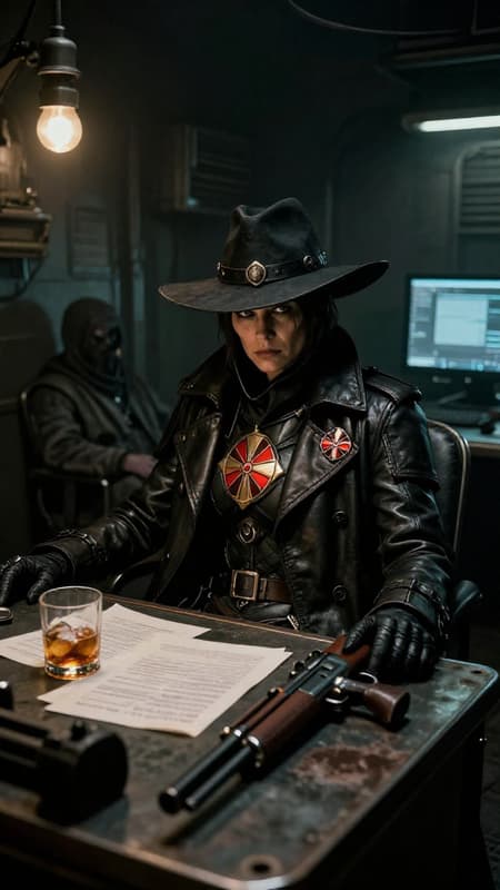 Photorealistic image of a female Inquisitor from Warhammer 40k, sitting at a grimy metal desk in a dark, industrial room. She wears a wide-brimmed black hat, a long leather trench coat, and body armor with a prominent red and gold Inquisitorial Rosette emblem. Her expression is stern and intense. On the desk are scattered papers, a glass of amber liquid with ice, and a detailed bolter pistol. In the background, a shadowy figure sits slumped in a chair. The room is lit by a single overhead bare bulb, casting harsh shadows. The overall mood is grim and oppressive, with a cyberpunk, dystopian atmosphere. Muted, dark colors dominate, with highlights from the computer screen and the Inquisitor's emblem. Grainy film effect, high detail.