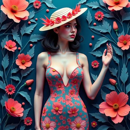 A vibrant digital painting captures a voluptuous concubine adorned in an intricate paper craft style, surrounded by an array of feathers and flowers reminiscent of Ernst Haeckel and Maria Sibylla Merian's botanical studies. This artwork, inspired by the unique aesthetics of Tristan Eaton, Victo Ngai, Artgerm, Rhads, Ross Draws, Kaethe Butcher, Hajime Sorayama, Greg Tocchini, and Virgil Finlay, is infused with sci-fi elements and highlighted by neon colors and lights. It channels the striking and detailed style of Ilya Kuvshinov, featuring an 8k UHD, HDR finish. The composition balances eclectic creativity and elegance with hints of duplication and mutation, capturing a surreal yet captivating essence. The concubine is portrayed with a subtly elongated neck and extra delicate fingers, evoking a sense of otherworldly grace. The artwork maintains a clarity and focus free from common digital flaws like blurriness, artifacts, watermarks, or cropped imagery, ensuring a seamless and immersive viewing experience.