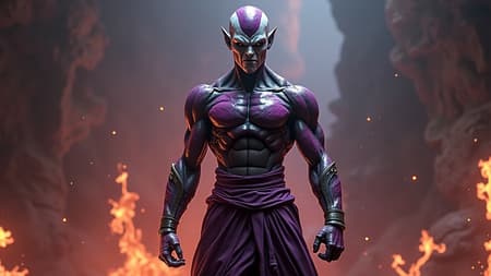 Full body view, ultra-wide angle perspective, highly detailed Frieza in final form fused with android elements, ultra-realistic rendering, intricate details, cinematic lighting akin to Darth Maul's presence, fierce and imposing stance, metallic sheen with subtle organic textures, intense gaze, powerful and dynamic energy, vibrant contrasts between dark and light.