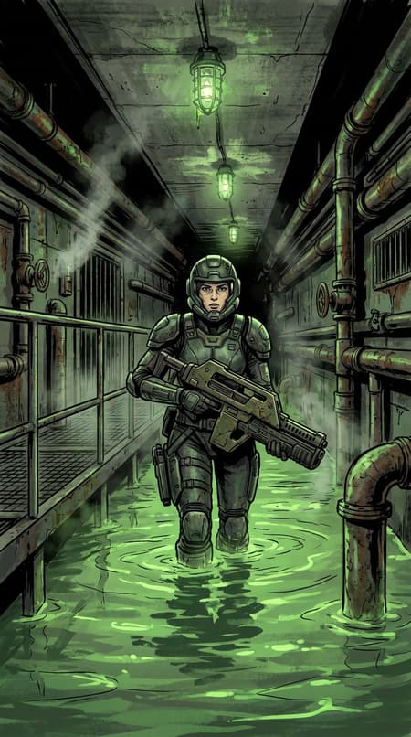 A female space marine in detailed sci-fi armor, holding a rifle, stands in waist-deep glowing toxic green water in a dark, flooded industrial tunnel. The tunnel is filled with pipes, valves, and machinery, with a raised walkway to her left. Grimy green light emanates from overhead fixtures, casting eerie reflections on the water and pipes. The atmosphere is dark, mysterious, and dangerous, with steam or mist rising from the water. Comic book art style, with visible brushstrokes and bold black outlines. Strong contrast between the glowing green and deep shadows.