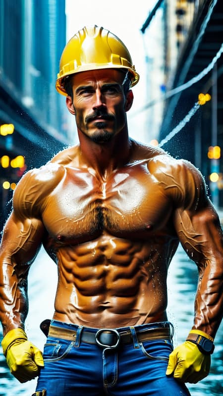 I had a dream that I was walikg by a construction site, and I saw the sexiest, most handsome construction worker there. He was a tall Caucasian male with dark brown hair, blue eyes and a mustache. He wore a bright yellow hard hat on his head. It was hot and muggy out, so he had taken off his shirt. The sun glinted off his sweaty body, the hair on his chest and under his arms wet with perspiration. His muscles were big and his body fit, his jeans were dirty but they hugged his well muscled legs, them also soaked with sweat. He saw me looking at him and I thought he'd be offended-- he smiled at me and flexed his arms, his armpits and hairy chest visible. After his brief show, he turned around and went back to work. I still cary thst memory with me, fondly... 