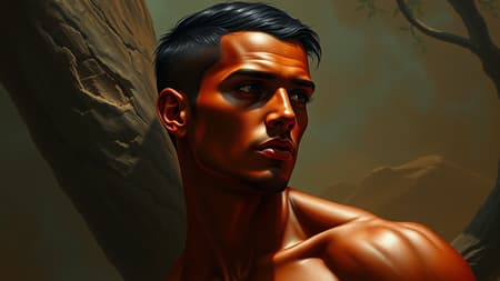 Adam the primordial figure, featuring deep red skin and sleek black short hair, presented in a biblical and gospel-inspired setting. This digital painting blends the styles of Jeremy Lipking and Antonio J. Manzanedo with the elegance of Alphonse Mucha, Fuller Graves, and Bartolome Esteban Murillo. Celebrate the complexity of JC Leyendecker's and Craig Mullins' techniques, infused with the grandeur of Peter Paul Rubens. High detail and photorealism define this artwork, capturing the essence of a concept art masterpiece. This piece is destined to trend on ArtStation, showcasing 8k resolution and a painterly quality that commands attention and awe.